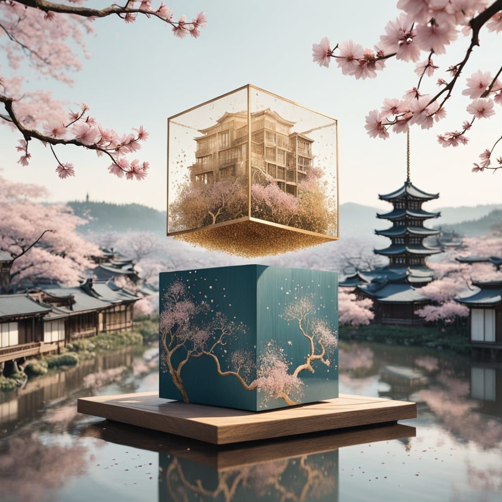 Whimsical Gold Confetti Cube Amidst Kyoto Sakura