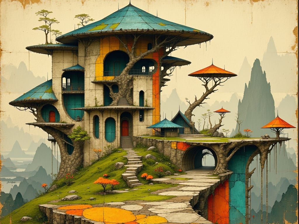<lora:Akimora:1.0>A surreal treehouse city, towering organic structures blending wood and stone, mixed media style with ...