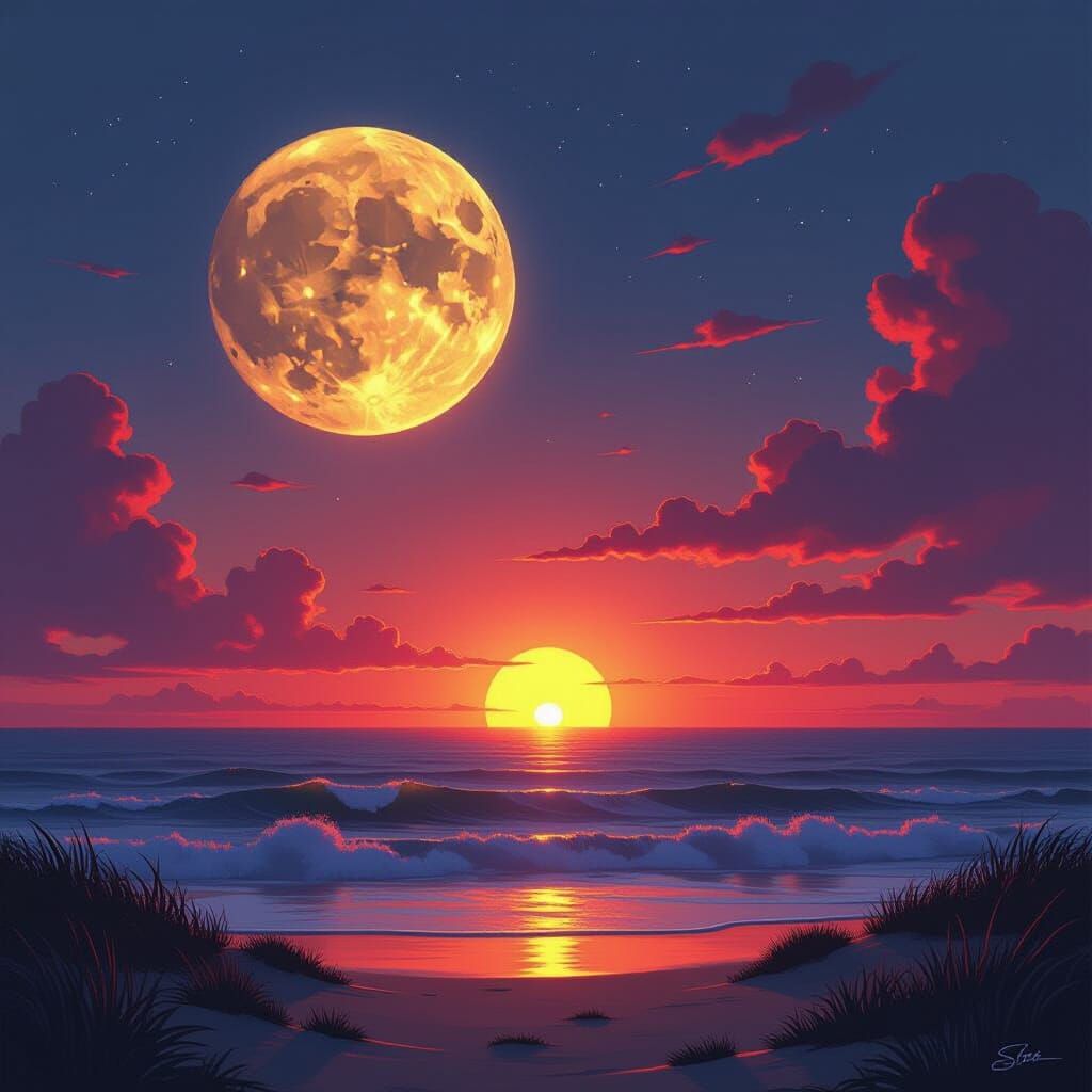Hybrid Moon and Sunset Scene in Digital Art