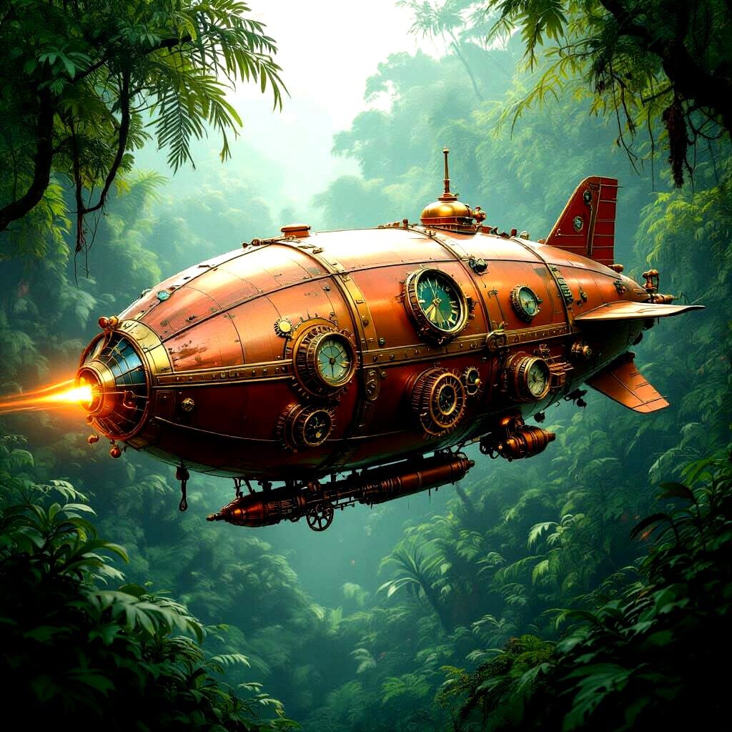 A steampunk-inspired rocket ship shaped like a zeppelin