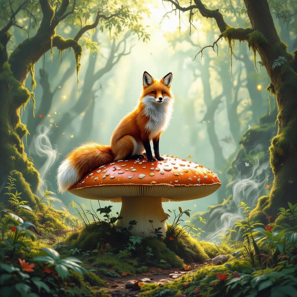 Golden Fox on Mushroom in Enchanted Forest