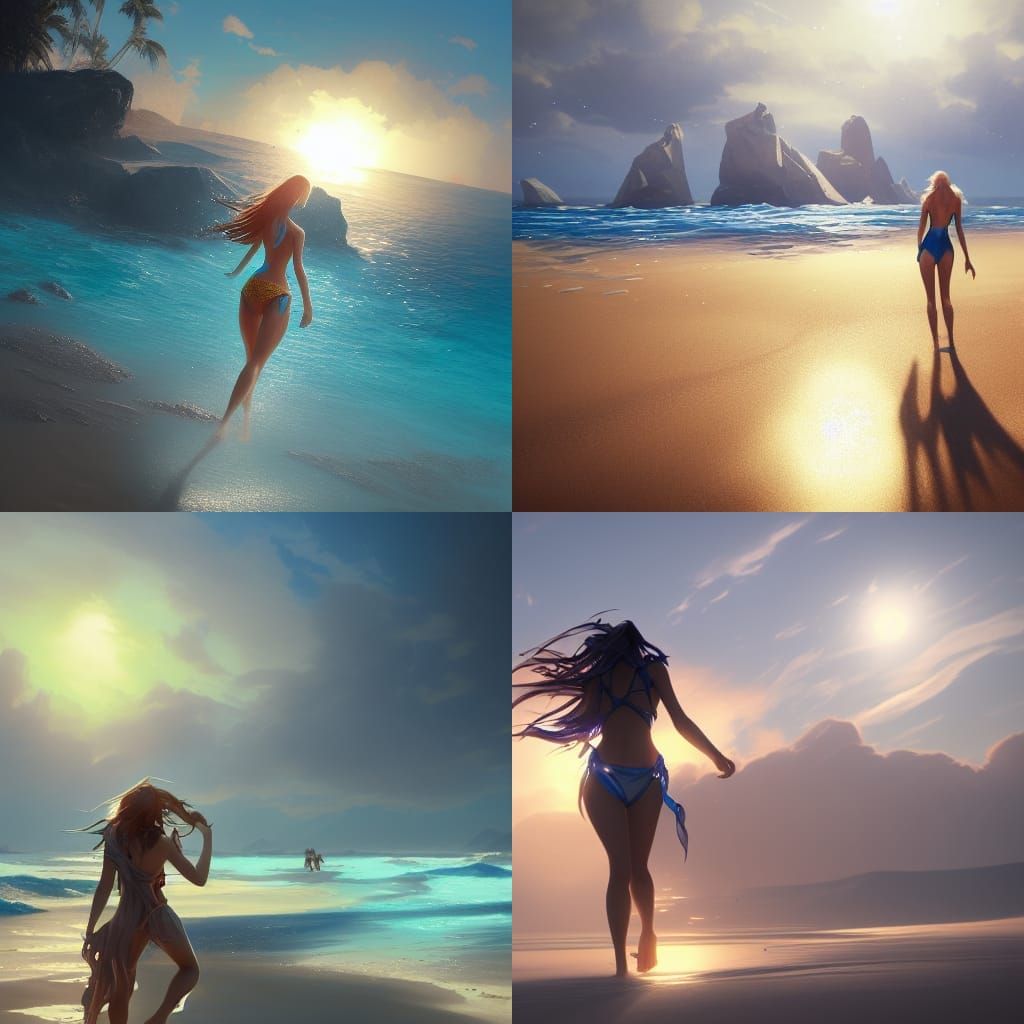 Ethereal Girl on Golden Beach in Summer Sunlight