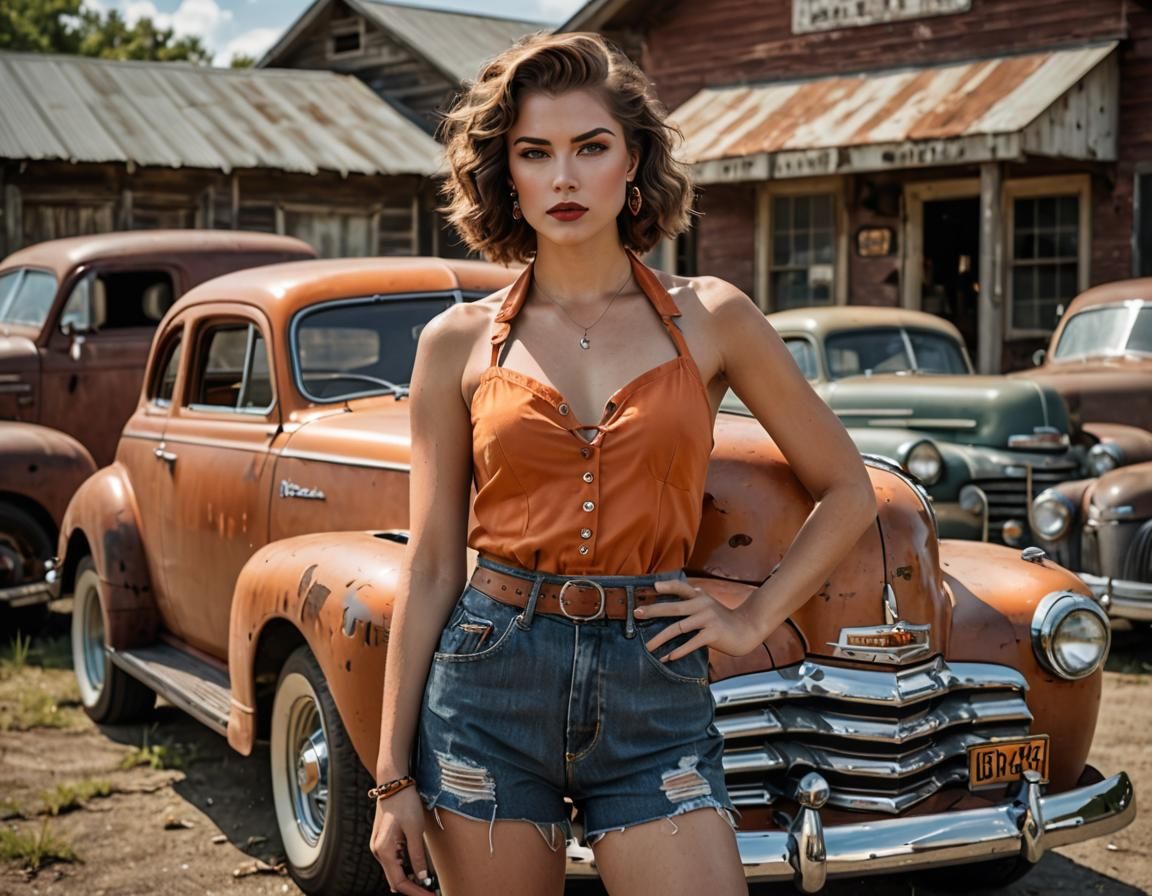Confident Woman Poses with a Classic Car