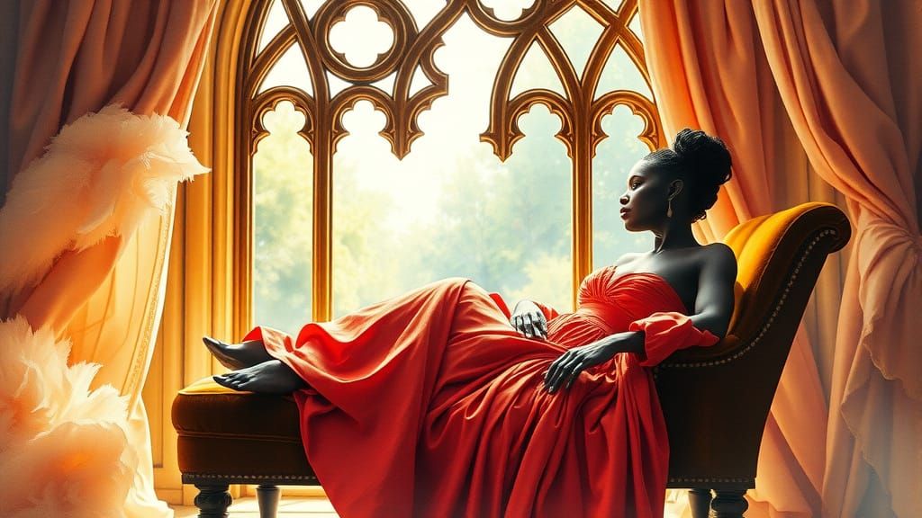 Elegant Woman in Baroque Chaise Longue, Gothic Window Arch