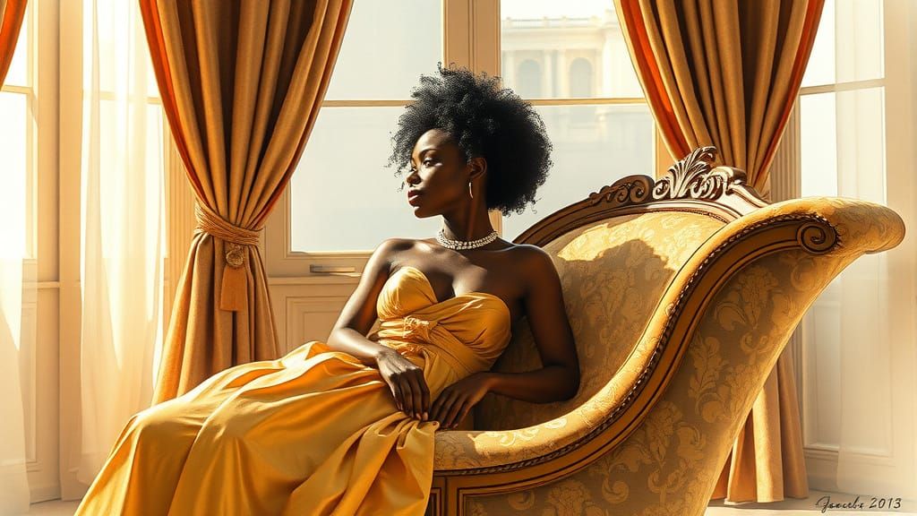 Elegant Woman Reclines in a Grand Arched Window