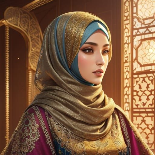 Elegant Woman in Hijab with Shimmering Metallic Embroidery