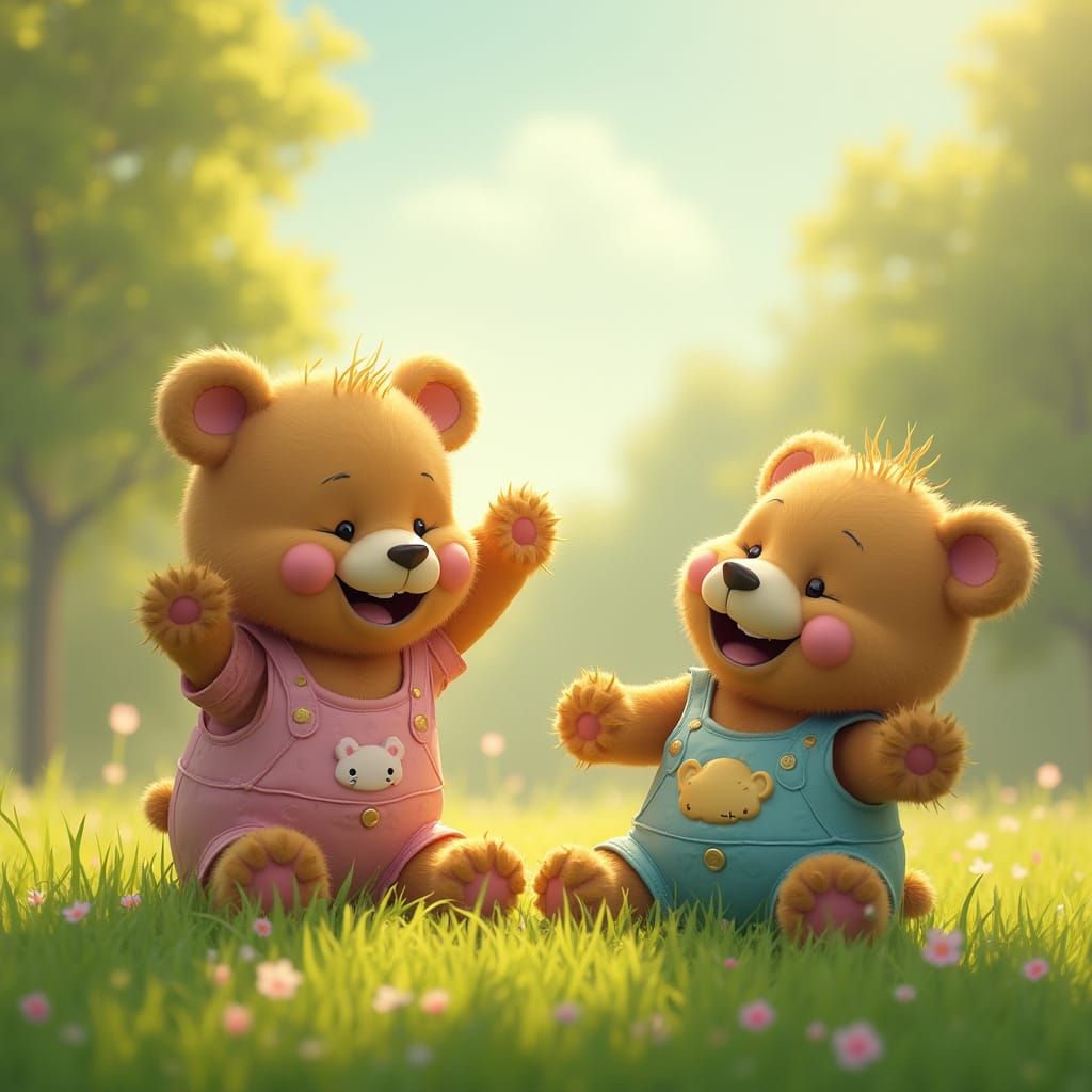 Whimsical Teddy Bears Spin and Laugh on Lush Green Grass