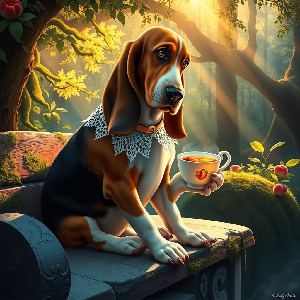 A basset hound drinking a peach iced tea