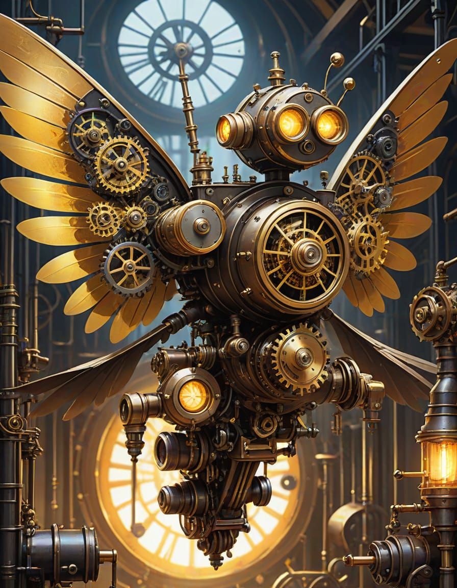 Steampunk Clockwork Fairy Flies Through Factory