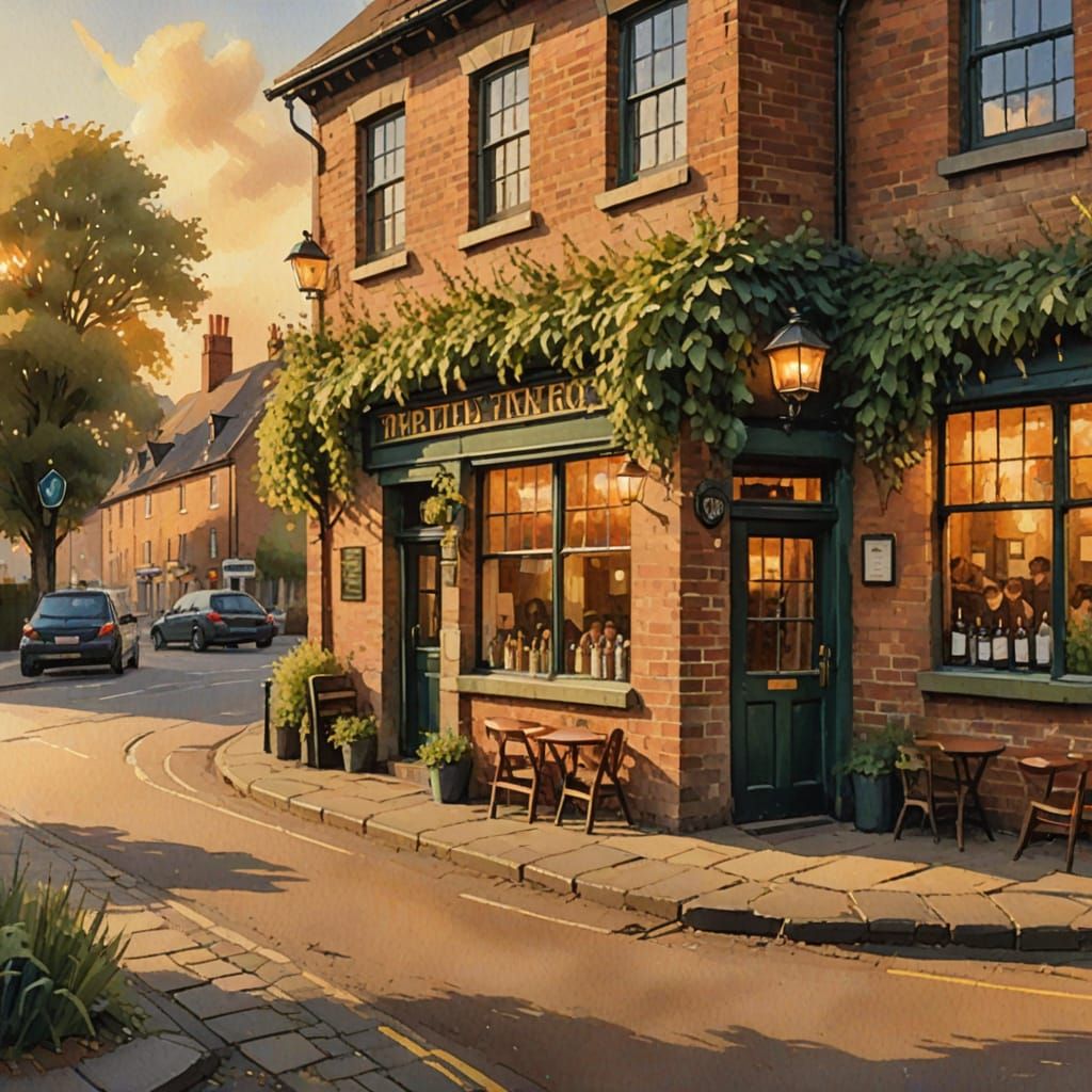 Impressionist Watercolor of Tilbury Pub at Sunset