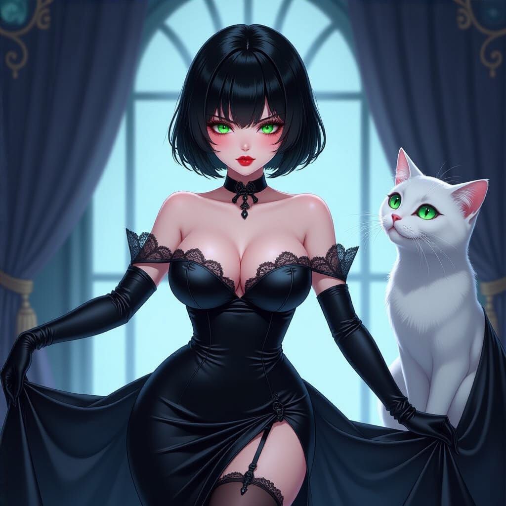 Anime Illustration of Woman in Gothic Satin Dress