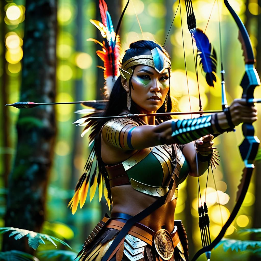 Indigenous Warrior with Alien Bow in Bronzepunk Forest