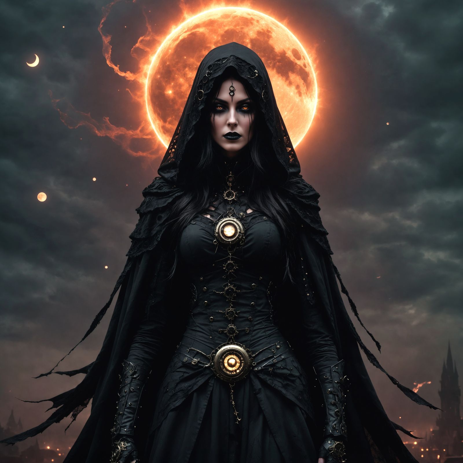 Gothic Steampunk Priestess in Eerie Eclipse, Digital Art