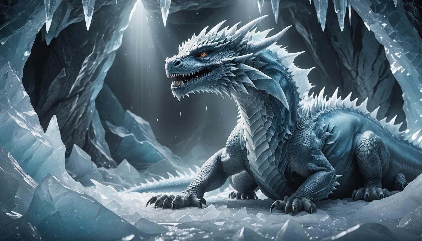 Ice Dragon in Crystalline Cave: Hyperrealistic Fantasy Art