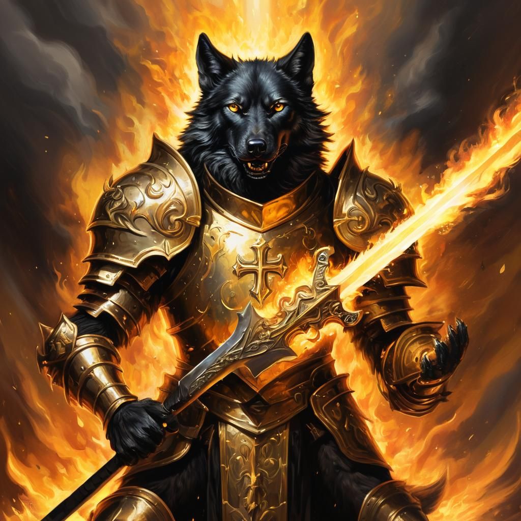 Epic Fantasy Wolf in Golden Armour with Flaming Sword and Ra...