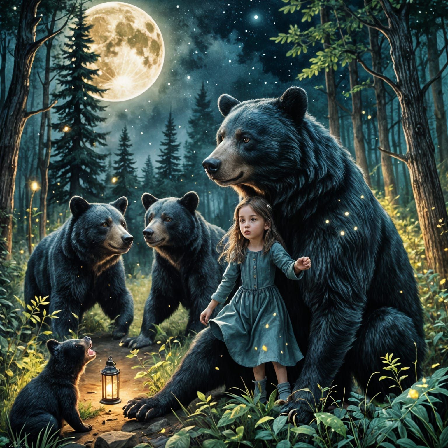 Fairytale Girl Chasing Fireflies Watercolor Illustration