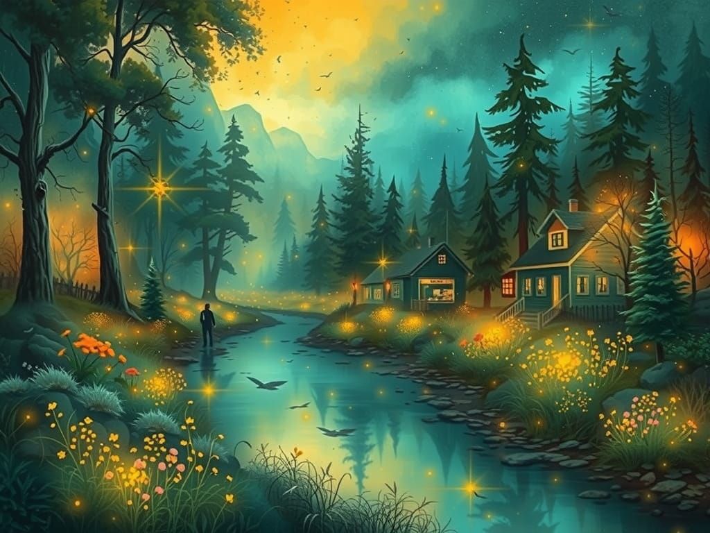 Teal and Gold Deep Woods Digital Painting
