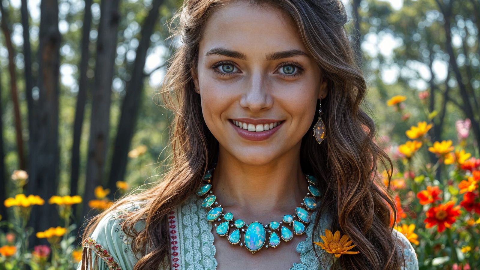 Stunning Australian Woman in Opal Jewelry Amidst Vibrant Wil...