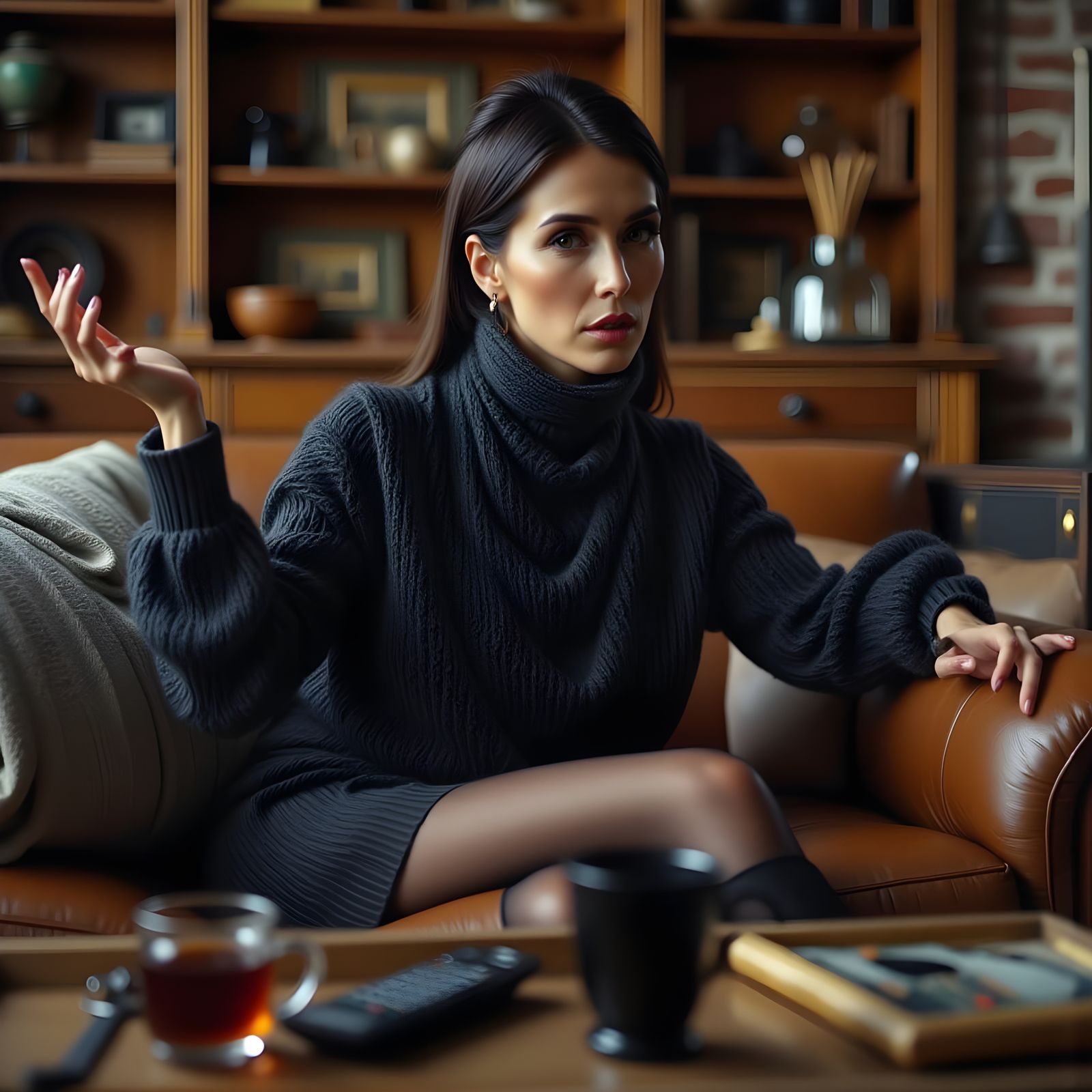 Woman Engaged in Animated Discussion on Sofa