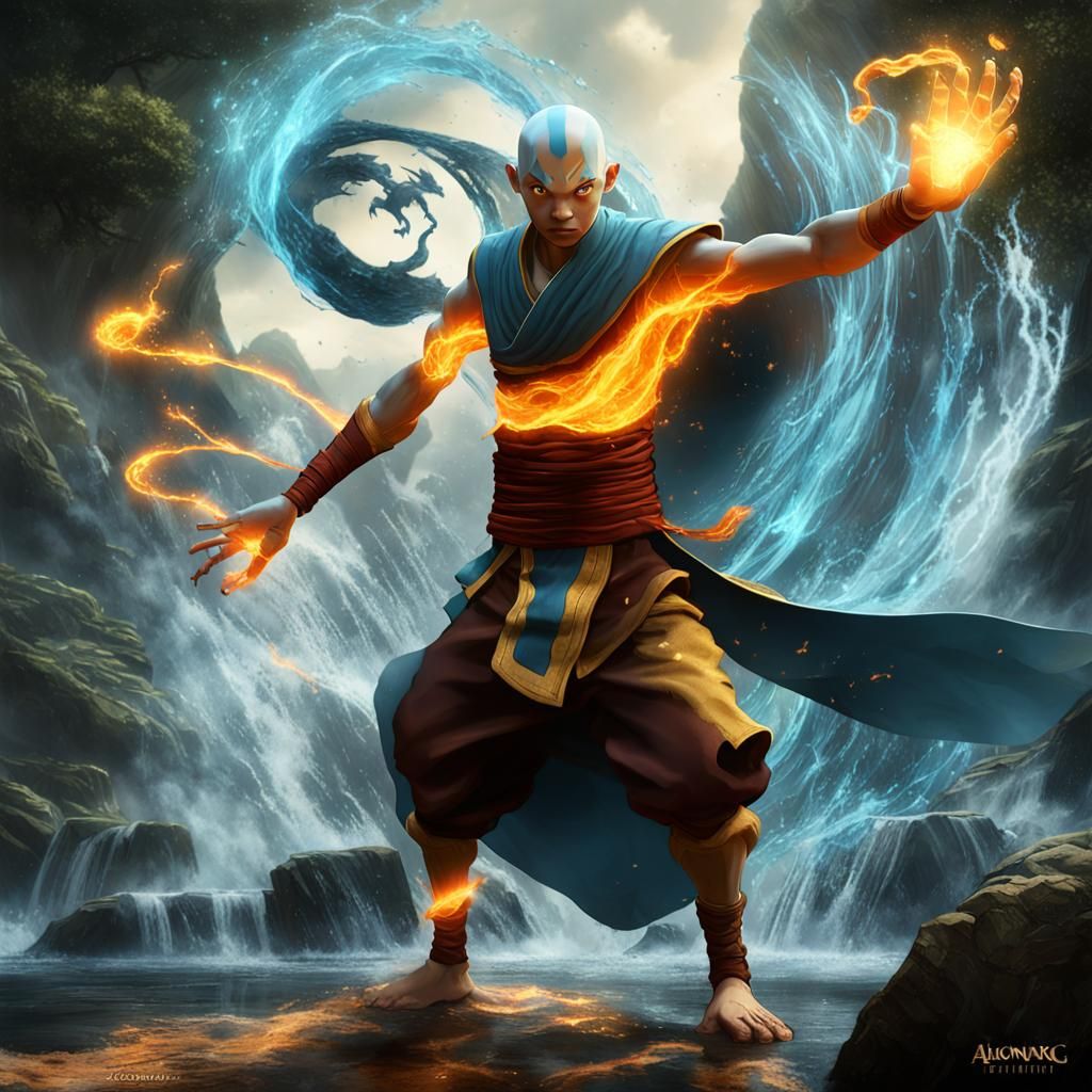 Avatar Aang Channels Water Elemental, Dark Fantasy Art
