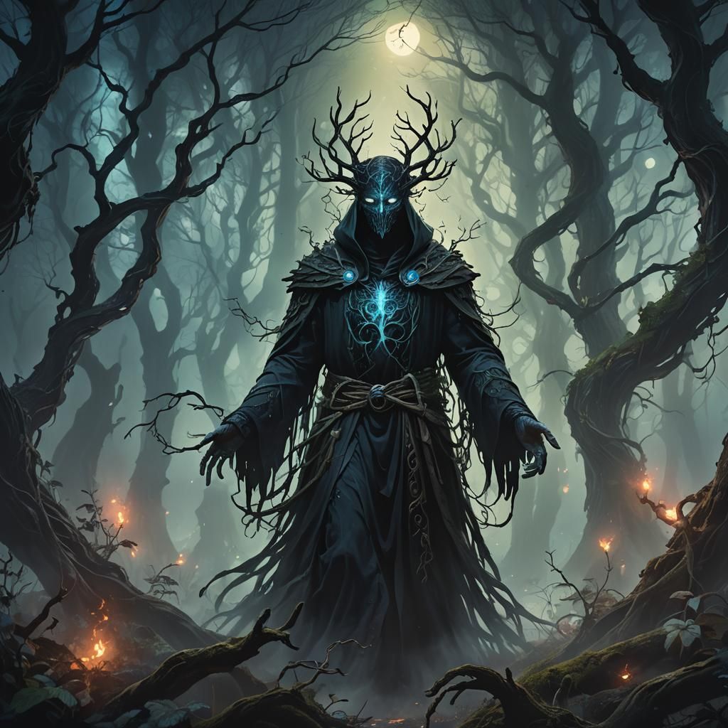 Mysterious Figure in Dark Forest Concept Art