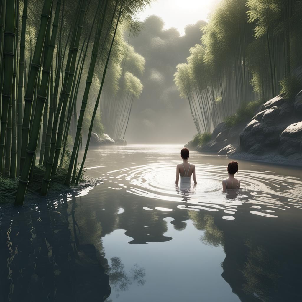 Futuristic River Scene with Women at Dawn