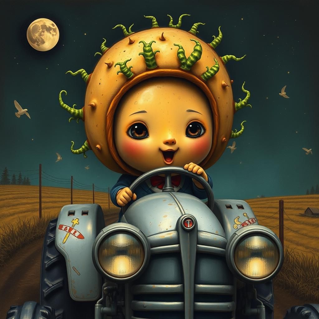 Chibi Potatohead Drives Tractor: Surreal Pop Art Portrait