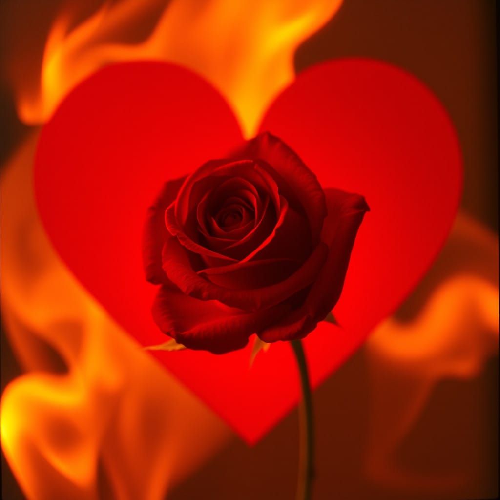 Surreal Abstract Rose Blooms Within a Blazing Heart