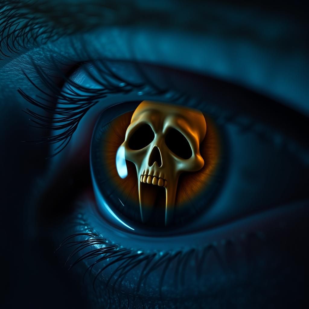 Striking Blue Eye Reflects Distorted Scream Mask