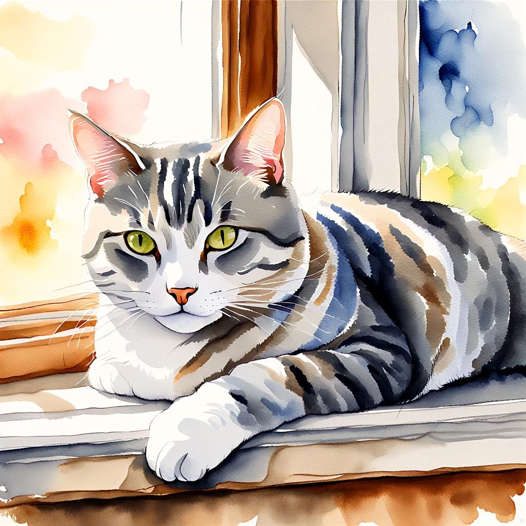 Tabby Cat Napping: Whimsical Watercolor Art