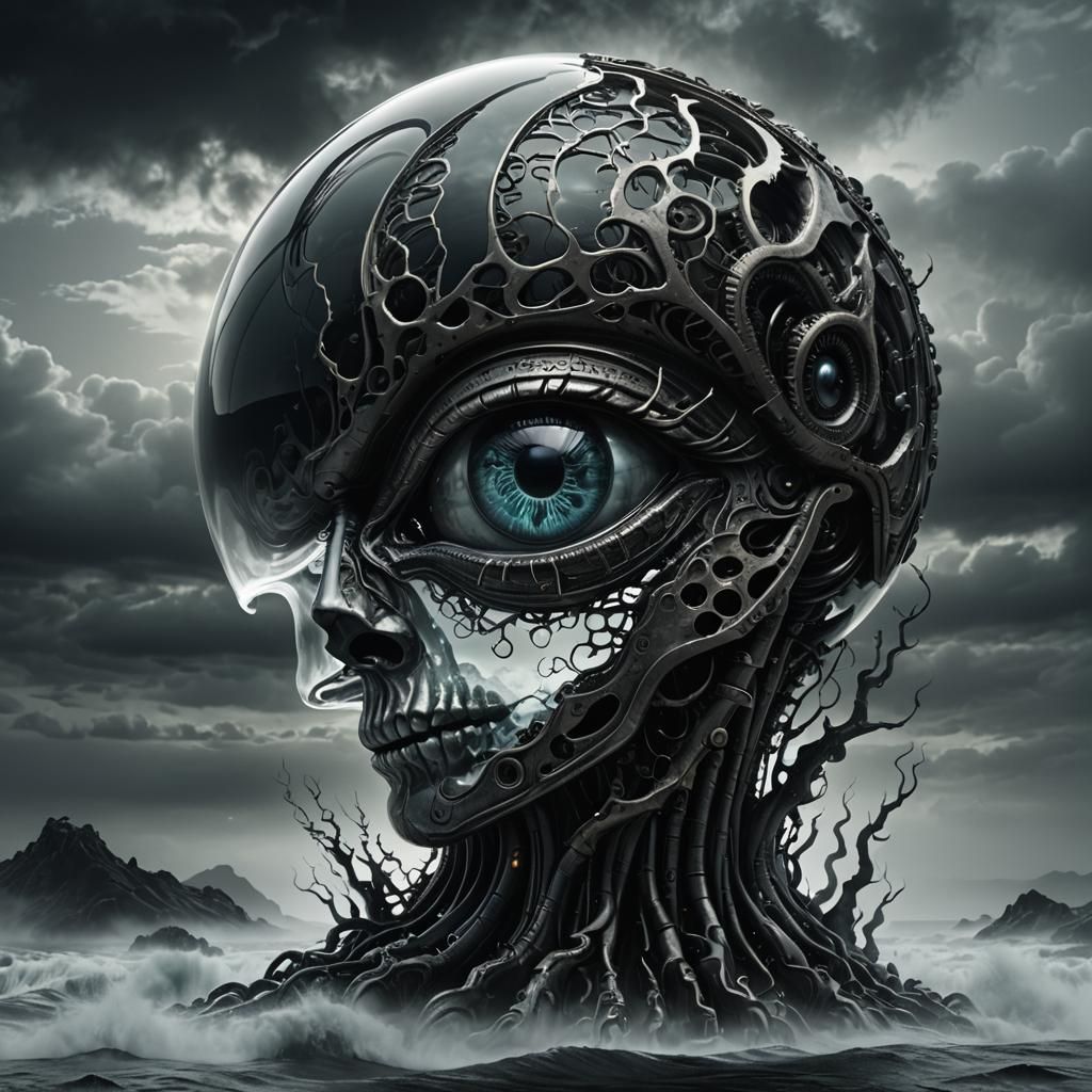 Glass 'A' with Eye and Brain in Dark Fantasy