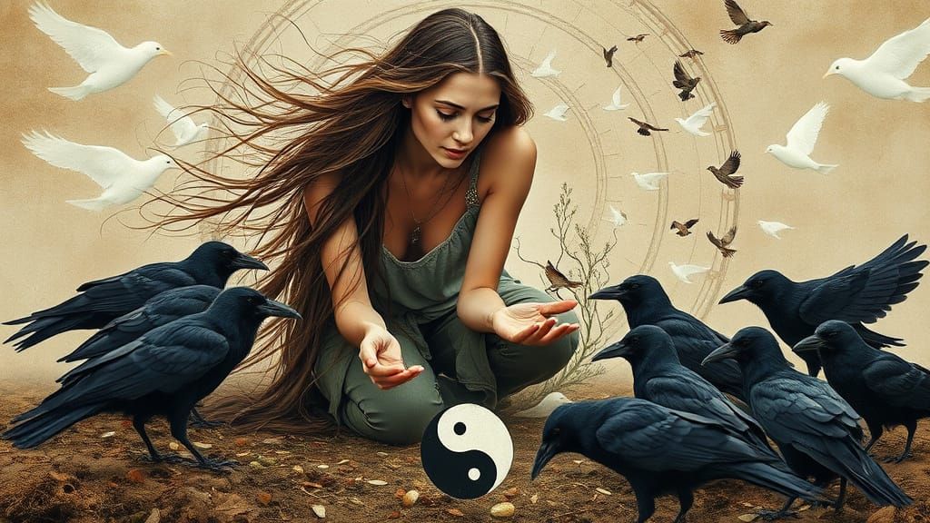 Woman Gathering Yin Yang Shards in Dreamlike Scene