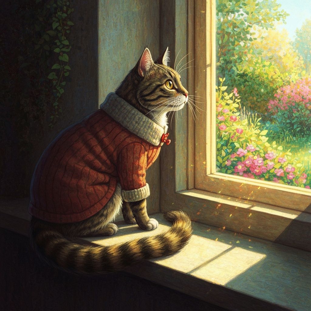 Majestic Cat on Sunlit Sill, Whimsical Style