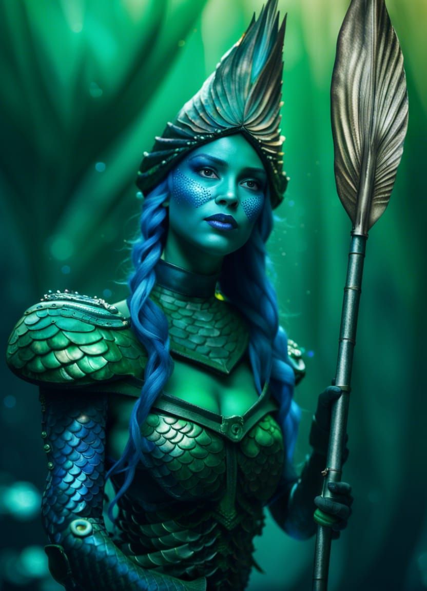 Blue Mermaid Warrior with Steel Armor
