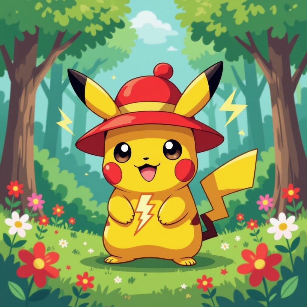 Pikachu in Whimsical Forest, Stylized Illustration