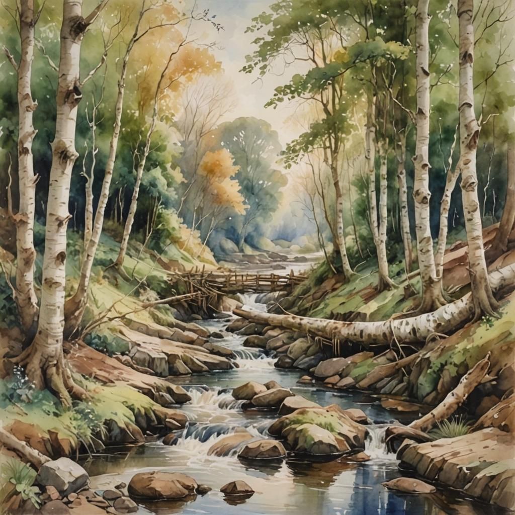 Victorian Watercolor Painting of Stream in Birch Wood