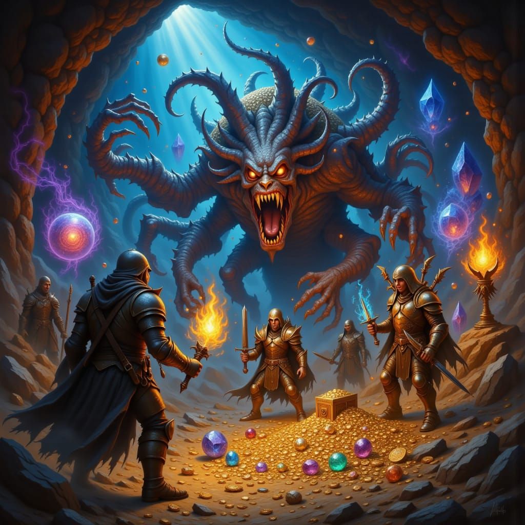 Fantasy RPG Adventurers Battle Loot Monster in Dungeon