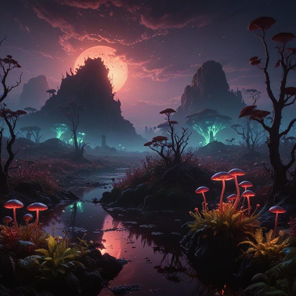Surreal Alien Landscape Unveils Glowing Flora and Fauna