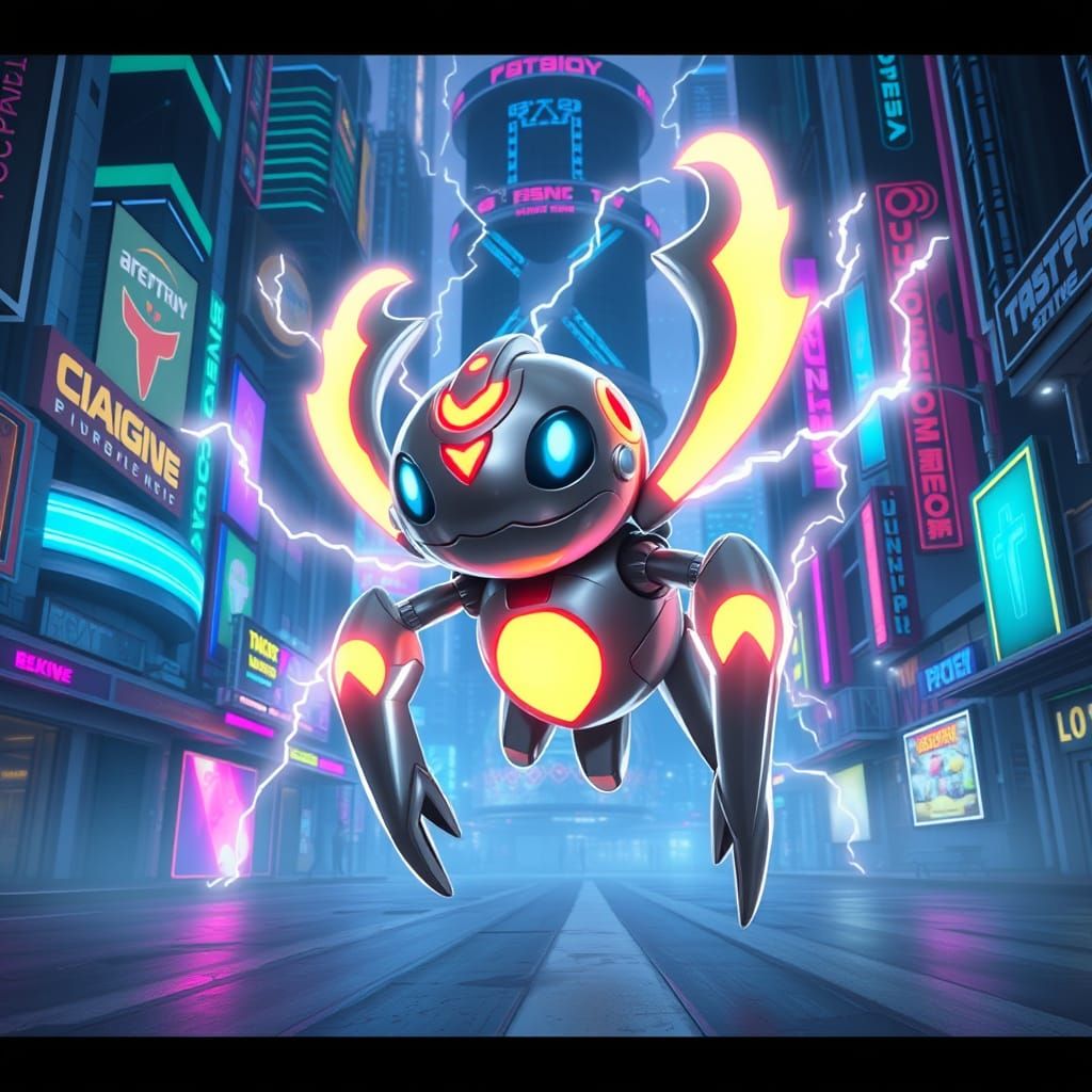 Magnemite in Cyberpunk Cityscape, Futuristic Art