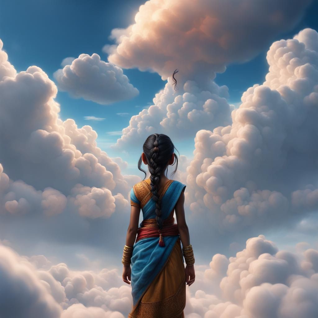 Indian Girl Gazing at Clouds: Matte Painting