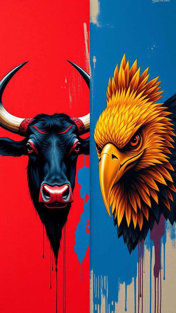Dramatic Ox and Eagle Diptych in Abstract Style