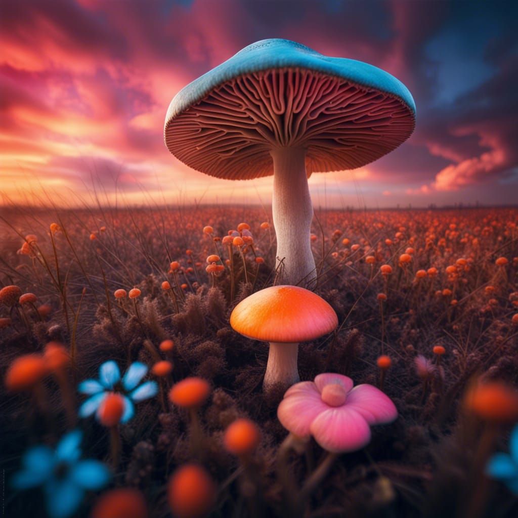 Vibrant Flowery Plain Under Colorful Sky