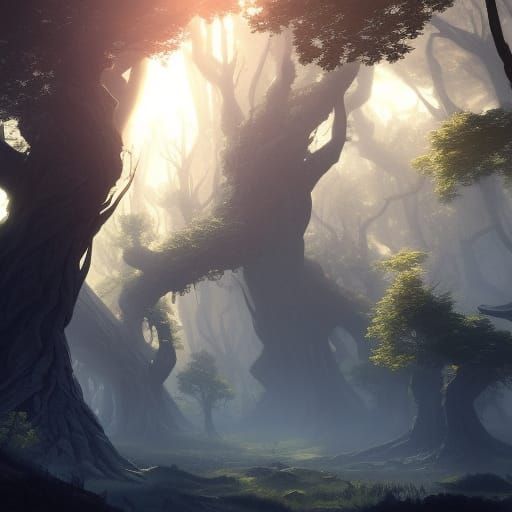 Fantasy Birds and Twisted Trees in Sunlight