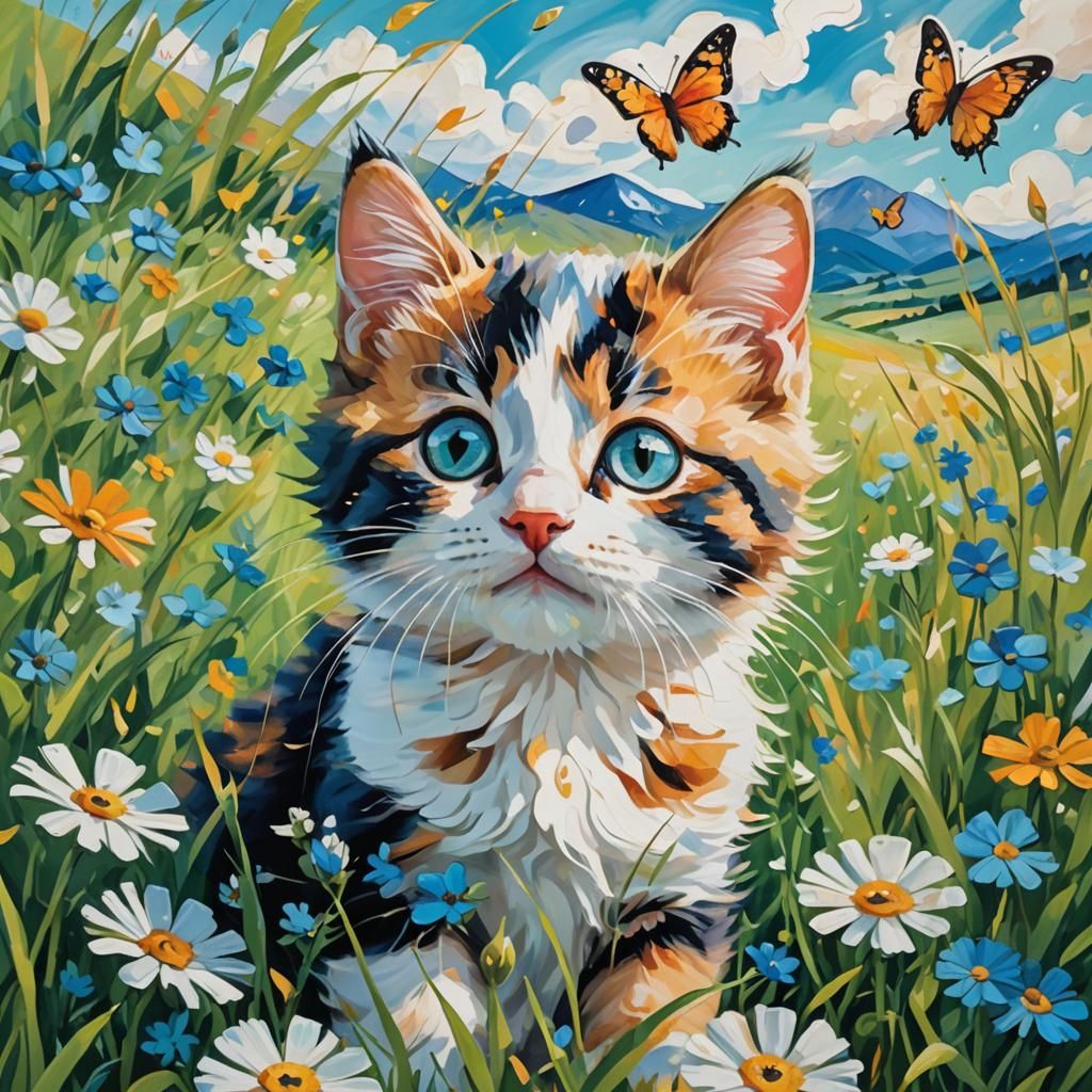 Calico Kitten's Whimsical Butterfly Chase: Abstract Fauvist ...