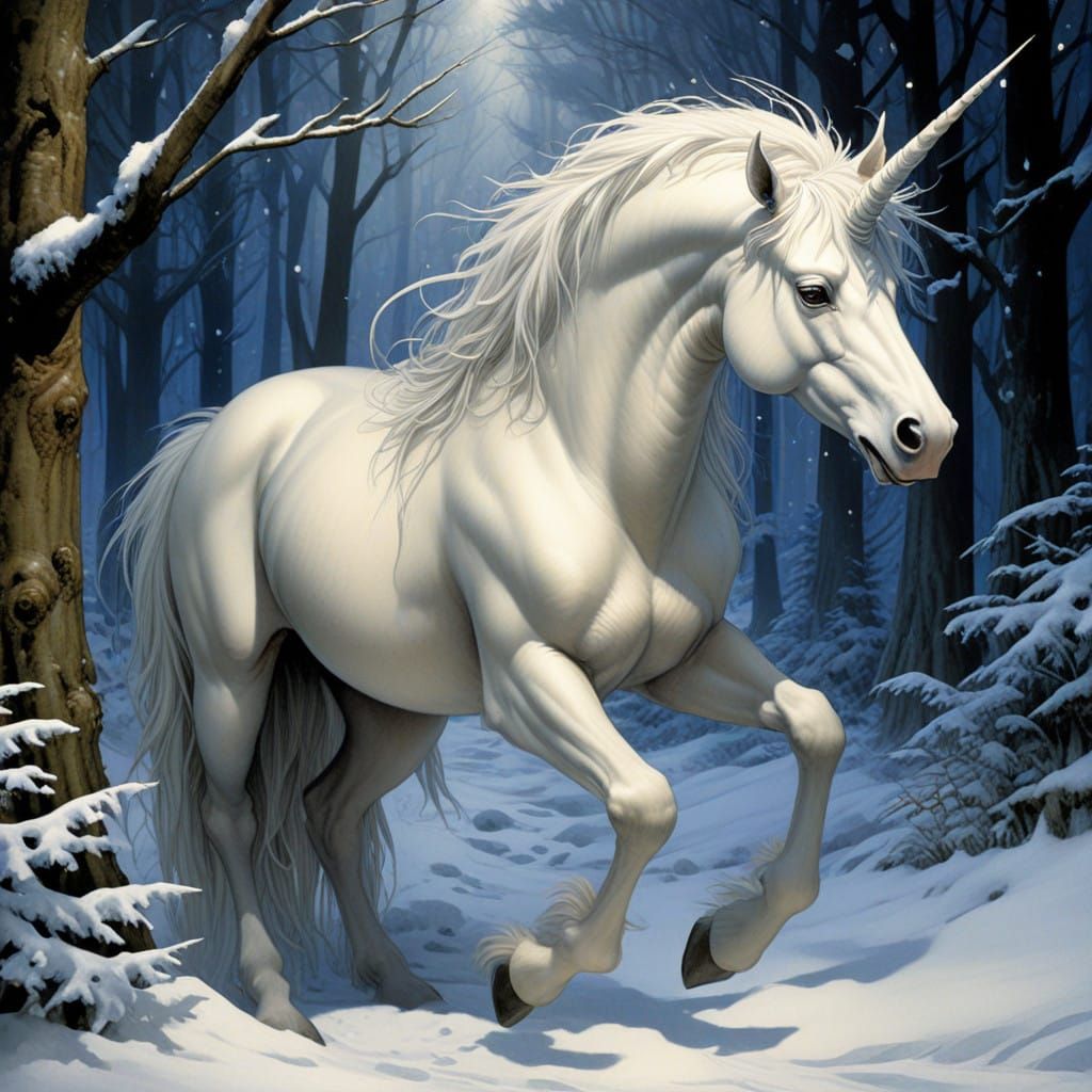 Majestic Winter Unicorn in Whimsical Forest Scene