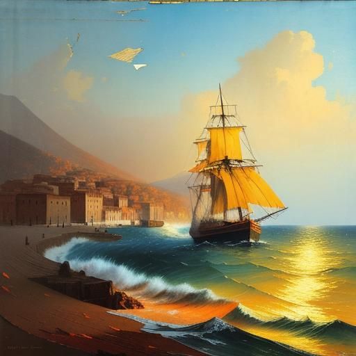 torn paper collage art, Ivan Aivazovsky- fall on Italian coa...