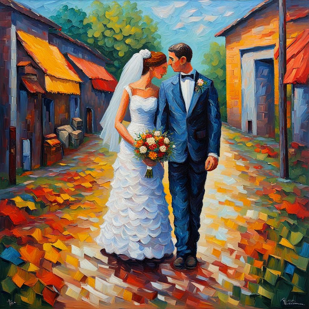 Just Married Couple in Expressionist Impasto Painting