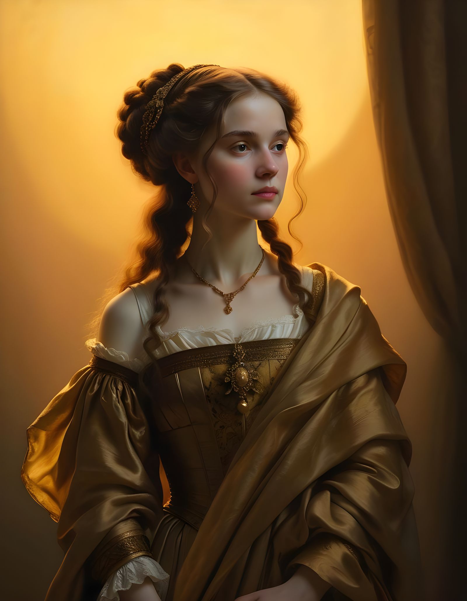 Renaissance Woman in Golden Light: An Oil Painting