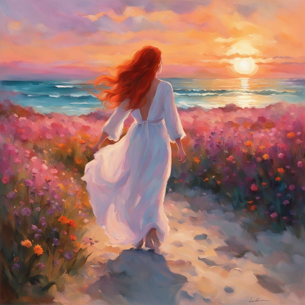 Red-Haired Woman on Beach at Sunset, Painterly Style