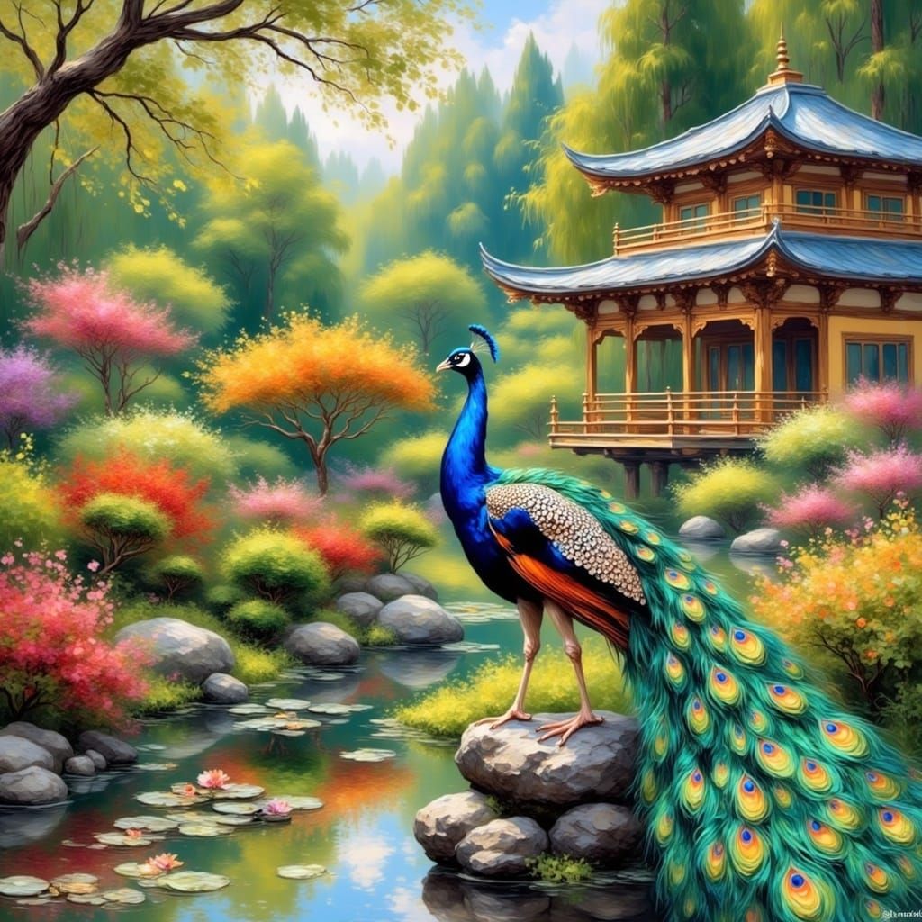 Peacock in Japanese Garden: Dreamy Gouache Style